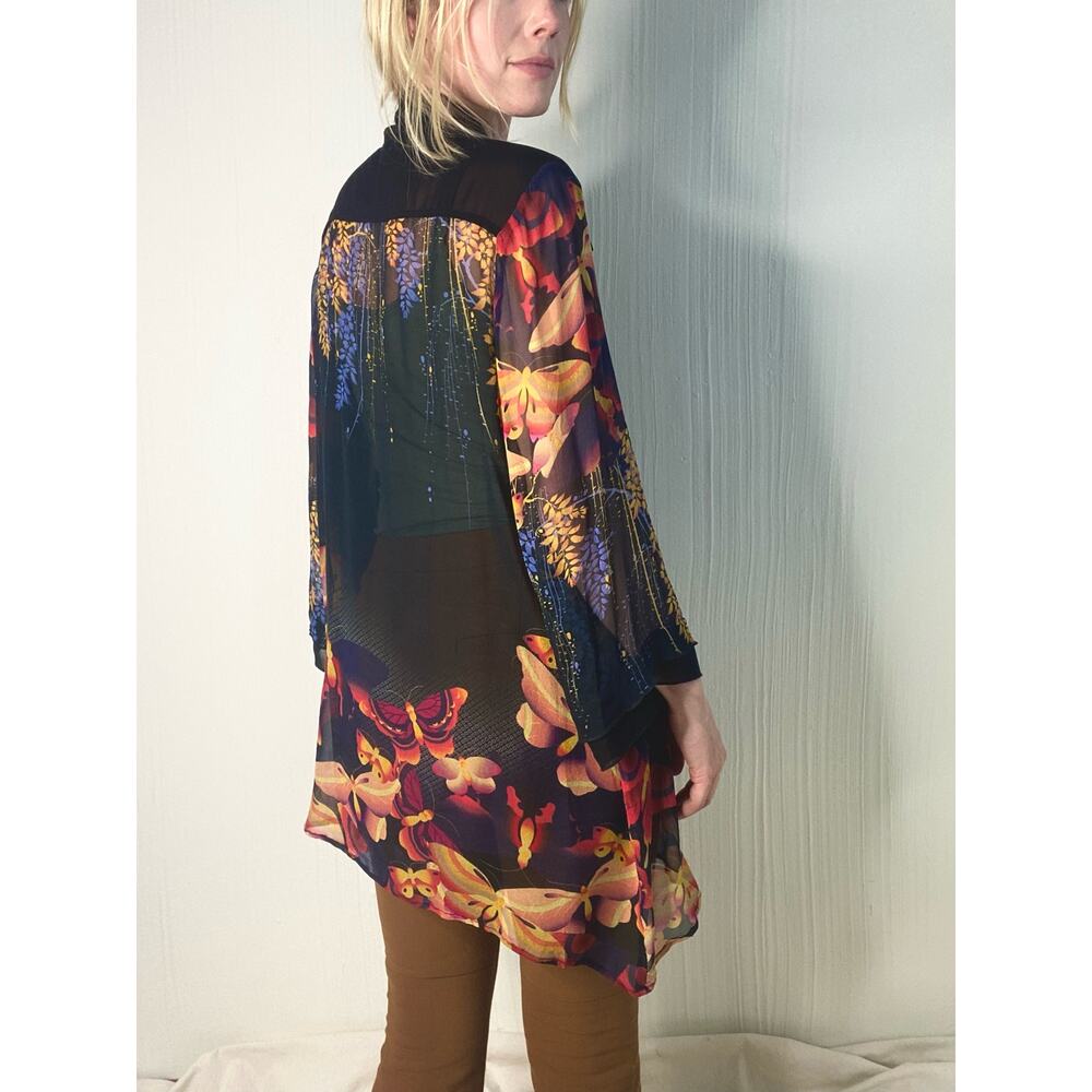 CITRON Black Sheer Silk Kimono Floral Butterflies US MEDIUM - Picture 6 of 15